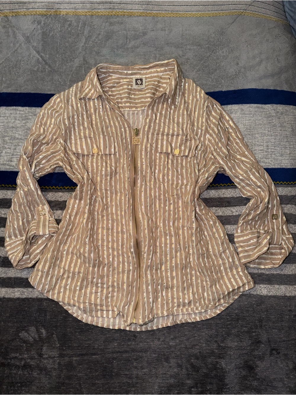 Anne Klein Beige and White Striped Lightweight Button-Up Blouse